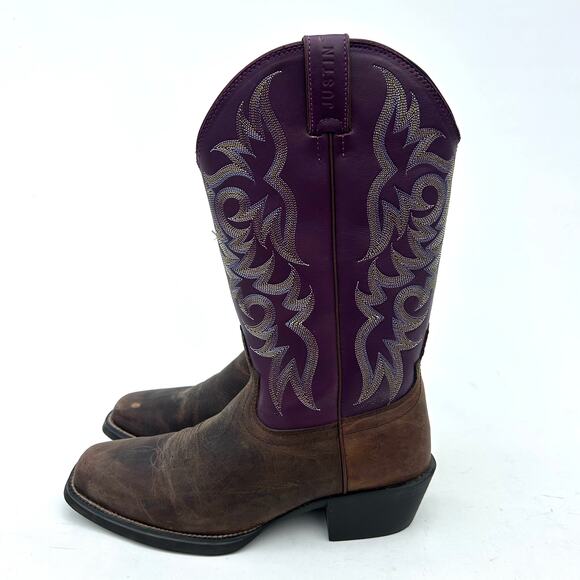 Justin Men’s Stampede Cowboy Boots Western Purple Leather Size 10 EE Extra Wide - Picture 6 of 10